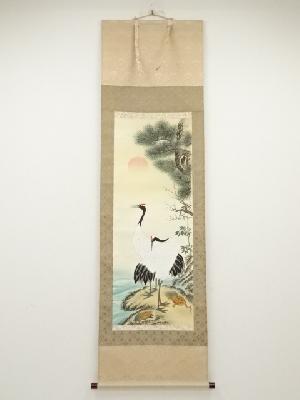 玉香筆　松竹梅鶴亀　肉筆絹本掛軸（共箱）